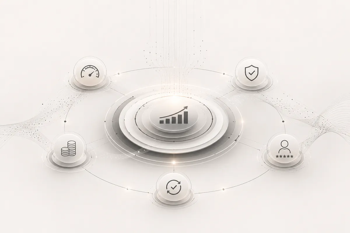 Isometric illustration of operational metrics orbiting a central growth chart
