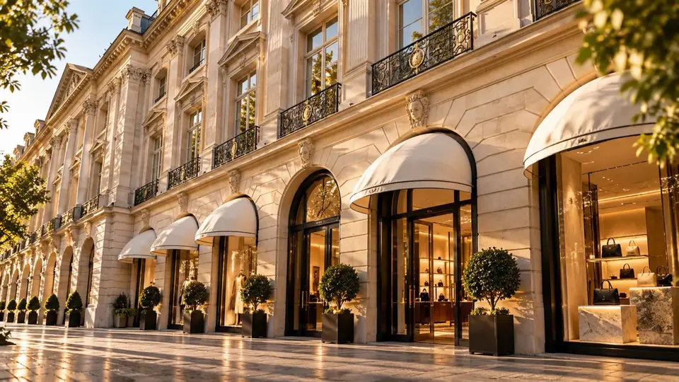 Arcaded luxury storefronts along a city street