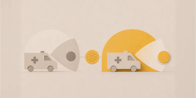 Ambulances beside a yellow segmented circle, illustrating AI assisted emergency care.