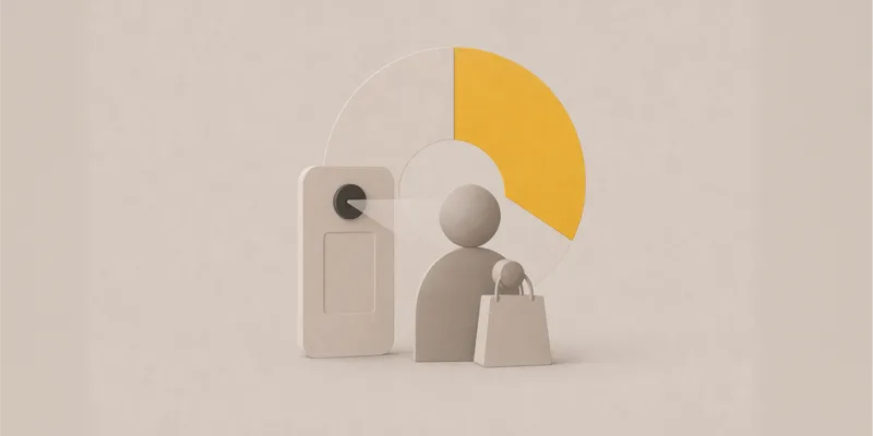Shoppers beside an automated checkout terminal and yellow chart.