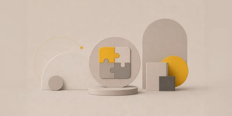 Interlocking puzzle pieces inside a circular platform, illustrating an integrated insurance system.