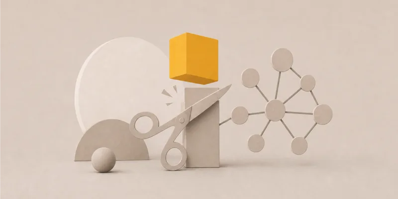 A yellow cube, gears and connected nodes, illustrating efficient cloud infrastructure.