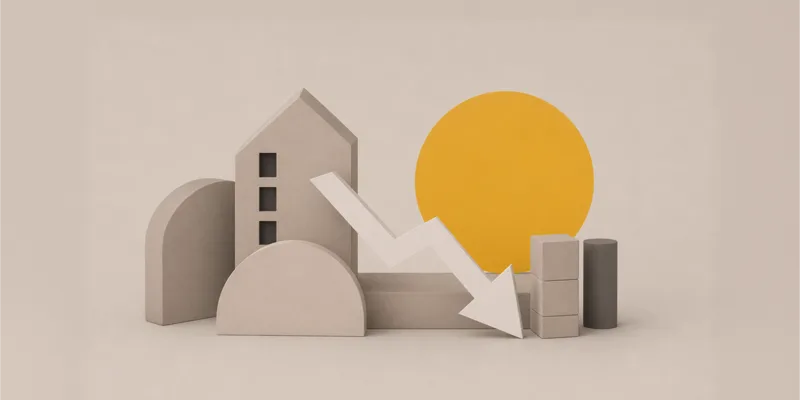 Buildings and a descending arrow beside a yellow chart, illustrating lower project costs.