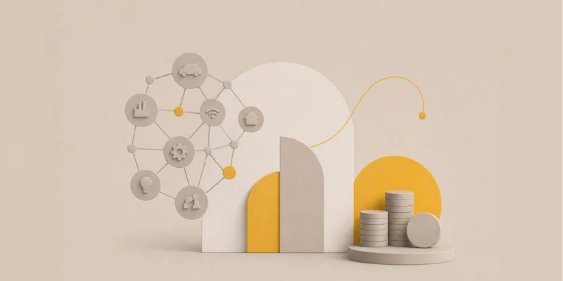 Connected equipment symbols, rising bars and stacked coins, illustrating asset management and cost savings.