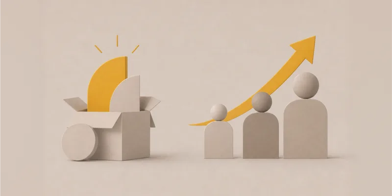 An upward arrow above people and rising blocks, illustrating growth through platform modernization.