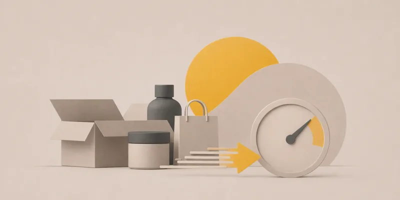 Packages and equipment beside a speed gauge, illustrating faster supply chain testing.