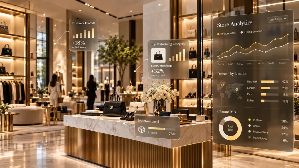 Retail store with analytics overlays for footfall and product performance