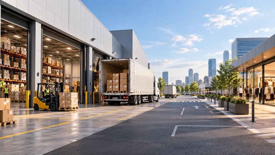 Distribution center loading docks beside a retail street